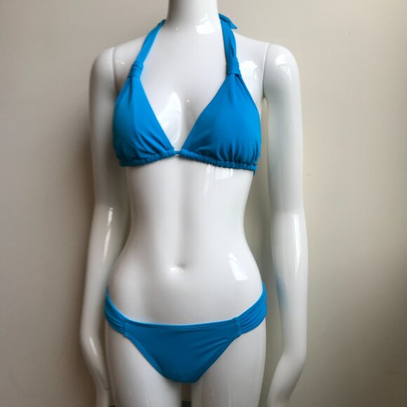 Billabong BLUE CRUSH era Vintage bikini solid blue halter top set RARE - Picture 1 of 10